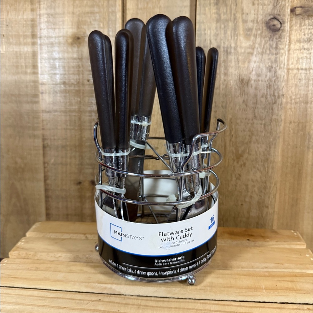 New Kitchen Flatware Set Stainless Steel Storage Caddy 16 Piece Service For 4